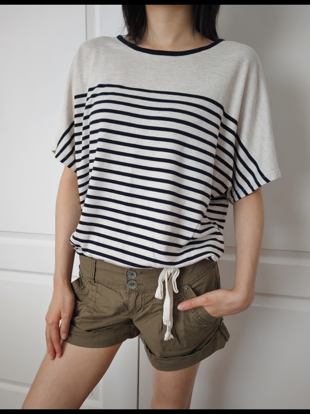 Max Studio Cream and Black Striped Short Sleeve Tee